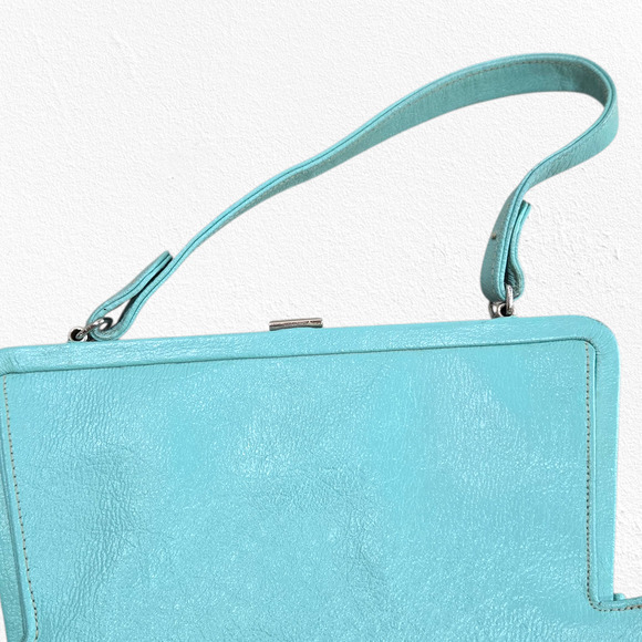 1950s Vintage Robin’s Egg Blue Leather Clutch Purse Mid-Century - Picture 12 of 16